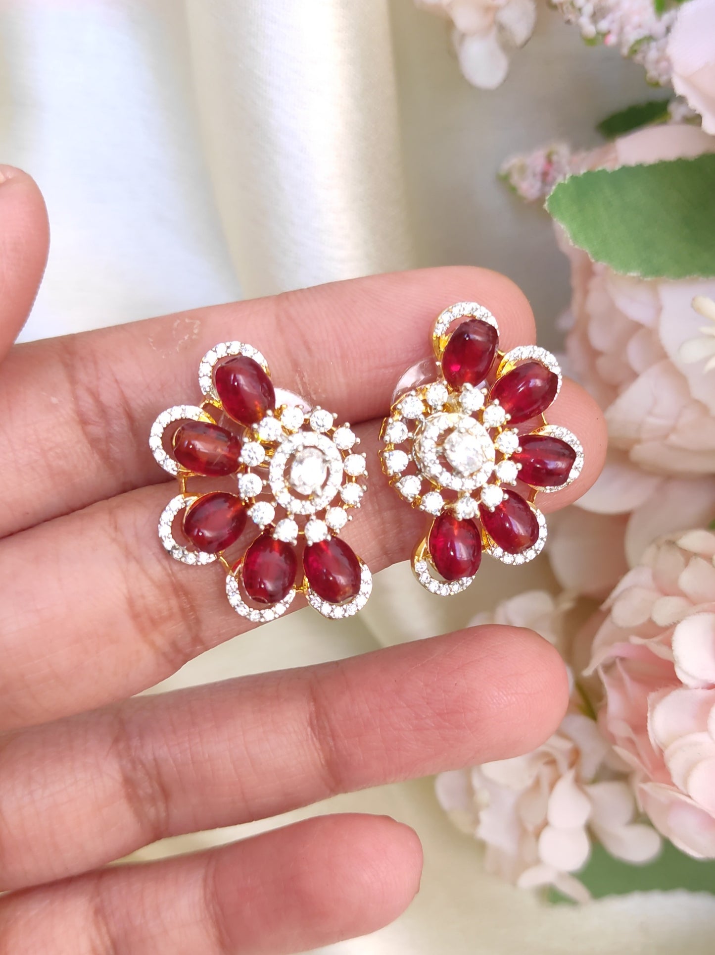 Ruby Bloom Crystal Stud Earrings | Premium One Gram Gold Finish | Festive & Party Wear