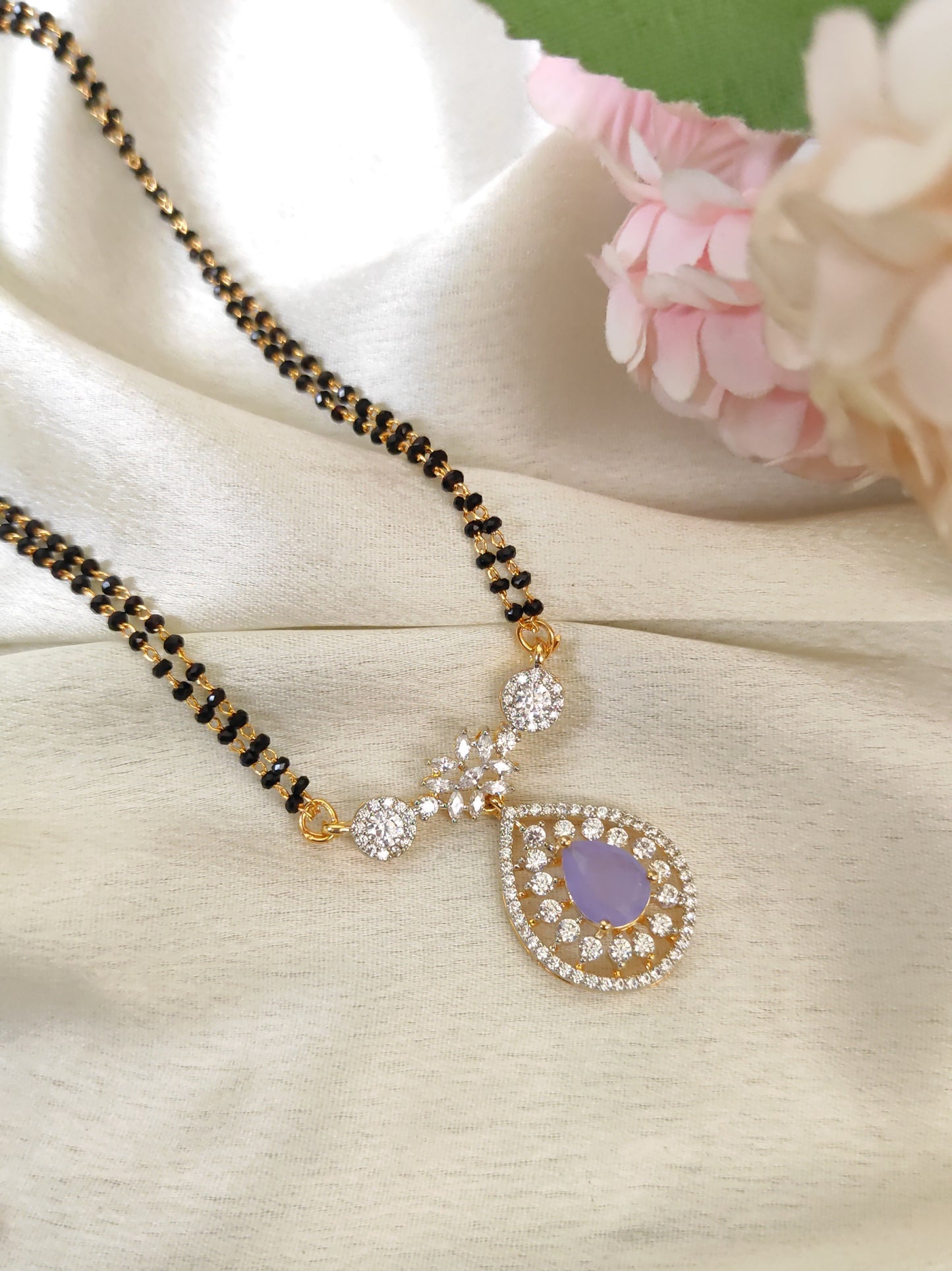 Designer Double Line Black Bead Mangalsutra with Lavender Pendant – Lightweight Traditional Mangalsutra Chain for Women