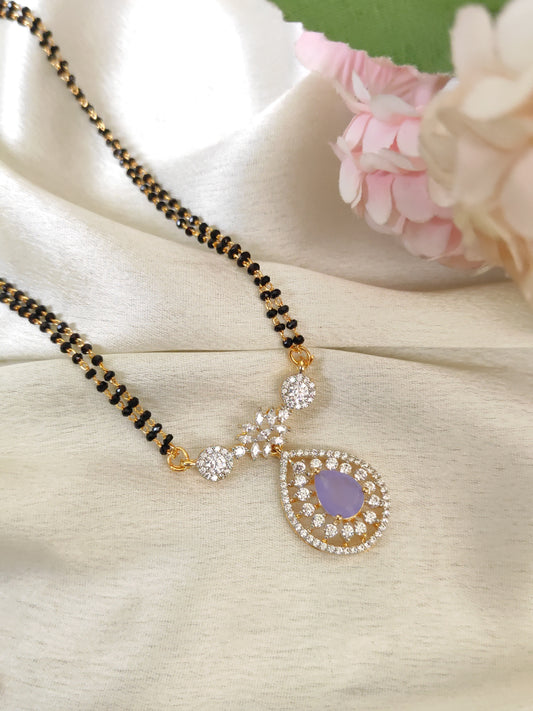 Designer Double Line Black Bead Mangalsutra with Lavender Pendant – Lightweight Traditional Mangalsutra Chain for Women