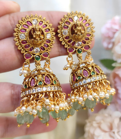 South Indian Temple Jhumka Earrings | Ruby Green Lakshmi Design with Pearl Hangings