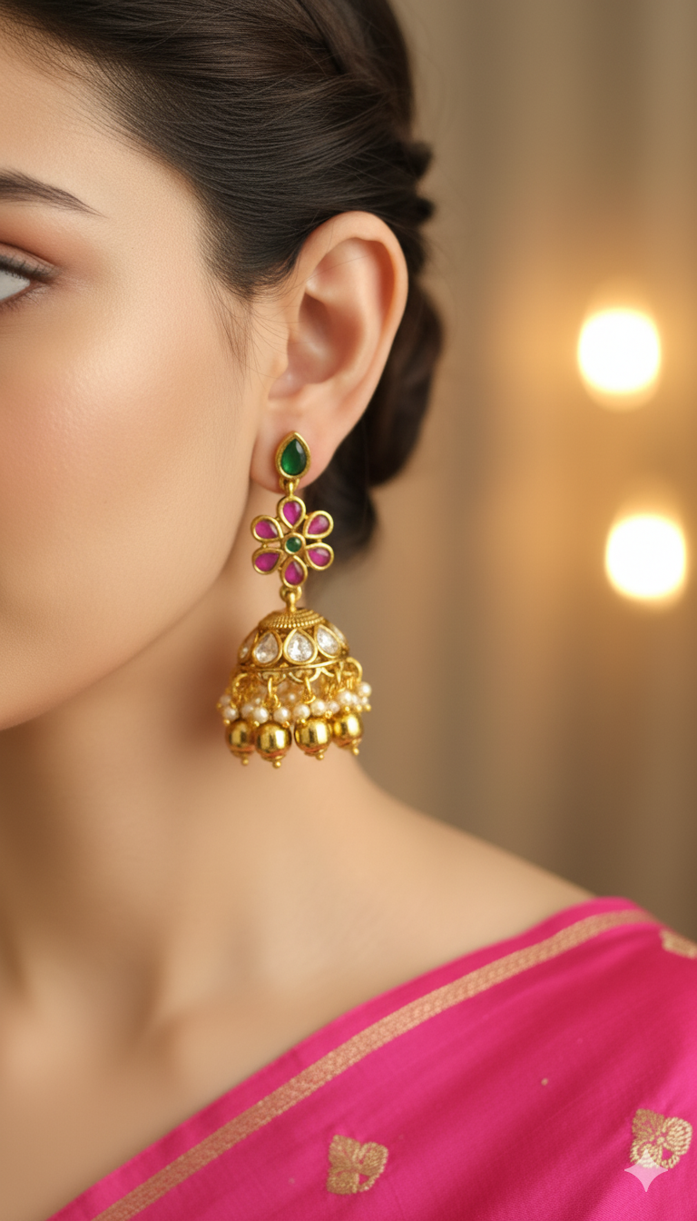 Kundan Pearl Drop Jhumka with Ruby & Green Stones – Wedding Collection