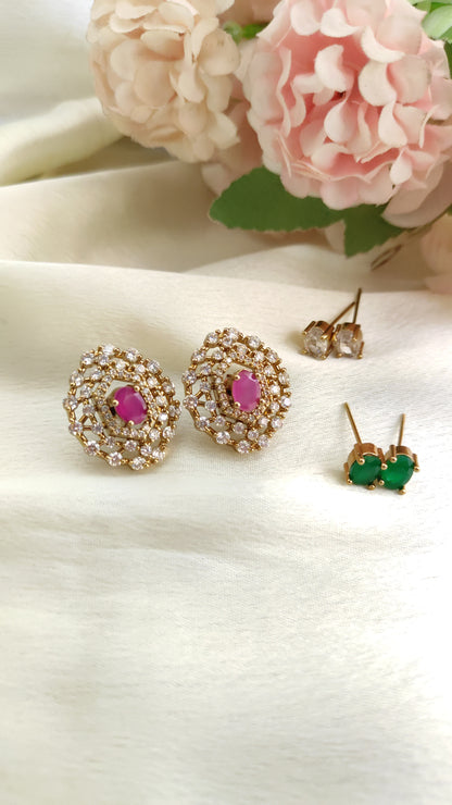 3-in-1 Colour Changeable Stone Stud Earrings – Gold Plated Crystal Daily Wear Studs