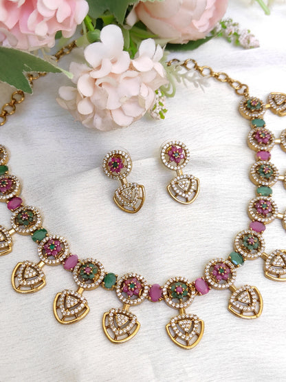 Ruby Emerald Floral Motif Necklace Set – Premium Finish