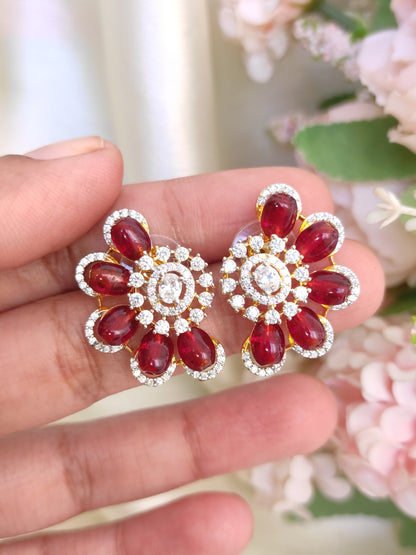 Ruby Bloom Crystal Stud Earrings | Premium One Gram Gold Finish | Festive & Party Wear