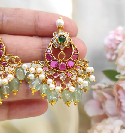 Antique Gold Plated Ruby Green Chandbali Earrings | Festive Traditional Design