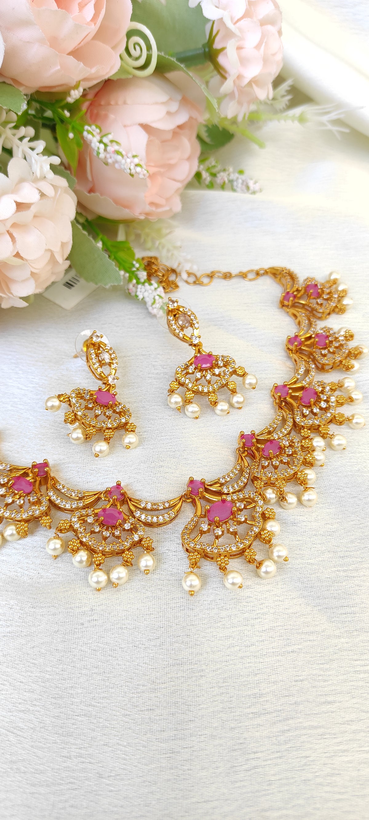 Designer necklace with earrings in Ruby colour