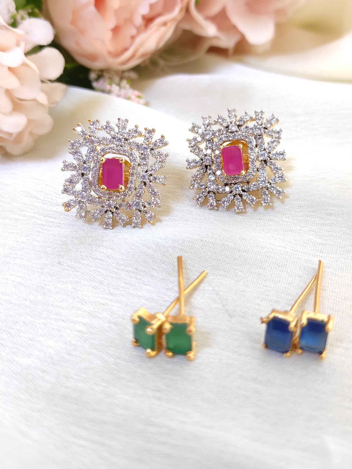 Premium 3-in-1  Stud Earrings Combo – Ruby, Green & Blue Stones